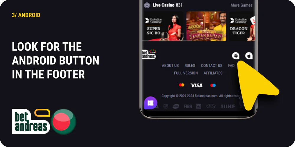 Find the Android button to download the Betandreas app
